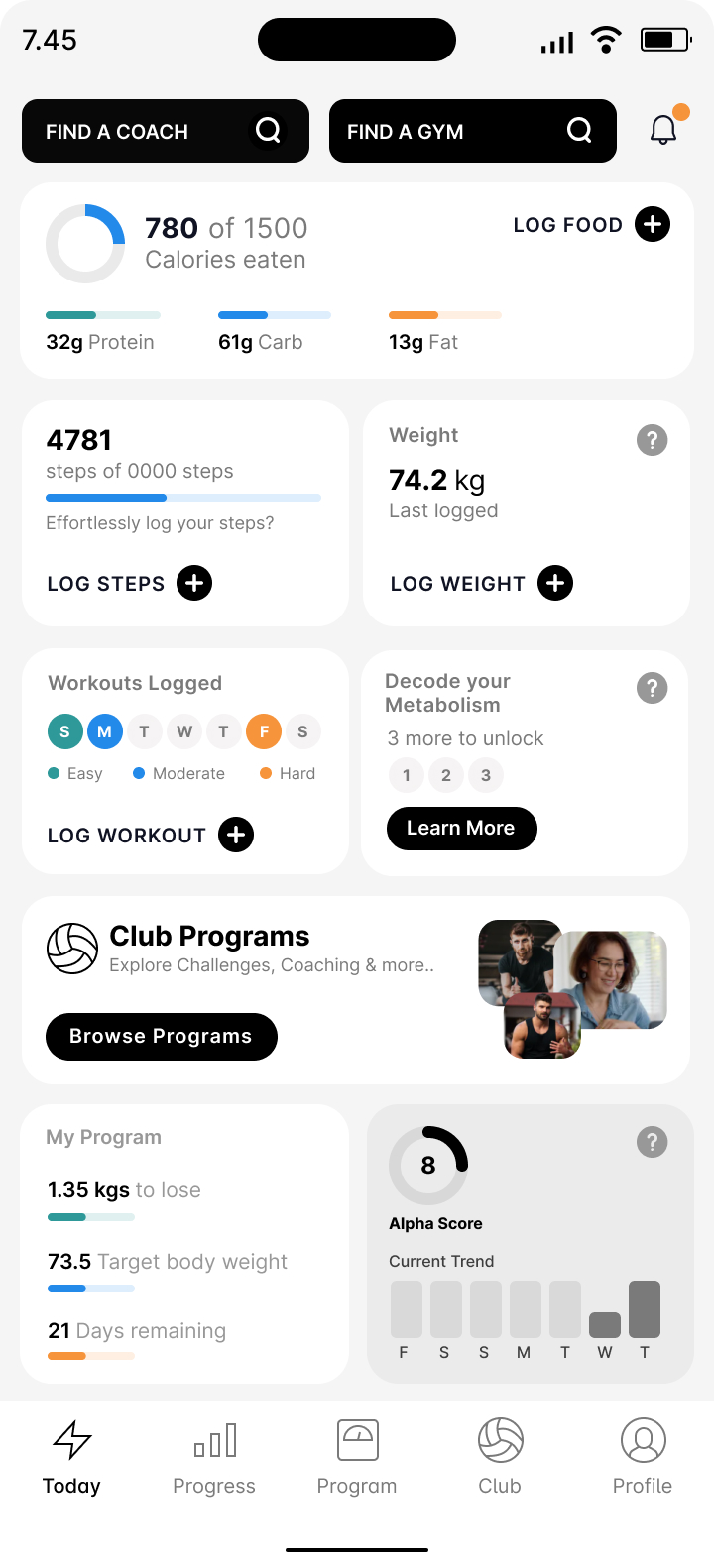 Alpha Coach home screen